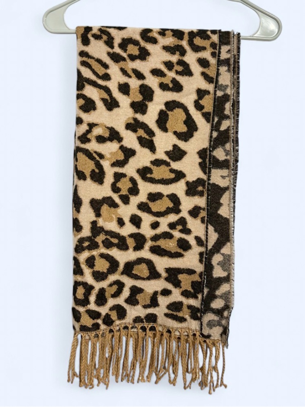 H&M Leopard Print Fringe Scarf in Tan and Black